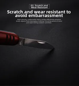 Close-up of scratch-resistant high-density black fabric undergoing a durability knife test