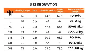 Detailed size chart for men's fleece jacket with measurements from size M to 5XL