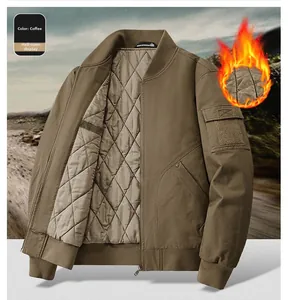 Detail of coffee brown bomber jacket with quilted thermal lining and arm zipper pocket