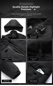 Detail view of outdoor jacket features including waterproof zippers and detachable hood