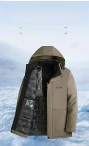Detail view of khaki winter jacket with black quilted lining and windproof hooded design