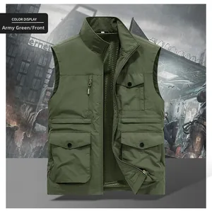 Close-up of army green tactical vest featuring multiple utility pockets and breathable mesh lining