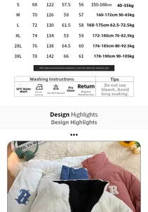 Detailed size chart and measurement guide for reversible corduroy and fleece winter jackets