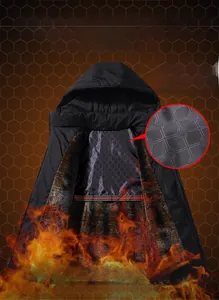 Detail view of graphene heating lining and thermal fleece fabric inside the jacket