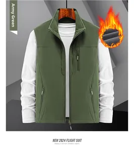 Army green fleece-lined tactical vest with three zipper pockets and a warm stand-up collar