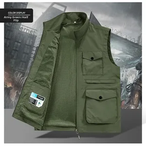Detail view of army green fishing vest with breathable mesh lining and utility pockets