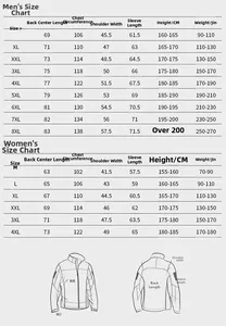 Size chart for outdoor waterproof jackets showing men's and women's detailed measurements