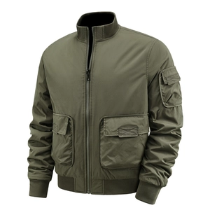 Army green men's flight bomber jacket with multi-pocket utility design and ribbed cuffs