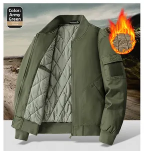 Detail of army green bomber jacket with warm diamond quilted lining and sleeve pocket