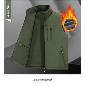 Detail of army green flight vest showing fleece lining and zip pockets