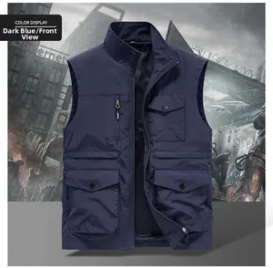 Detailed close-up of a dark blue multi-pocket tactical vest with durable zippers and flaps