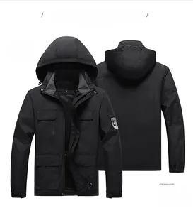 Front and back view of men's black outdoor hooded jacket with multiple pockets