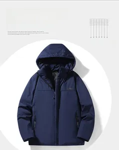 Close-up of a men's waterproof windbreaker jacket with a hooded stand collar and zip pockets