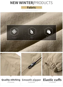 Detailed fabric texture and smooth zipper of a khaki thermal fleece-lined sports jacket
