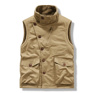 Gilet kaki vintage foderato in pile con tasche multiple e stile giacca da lavoro