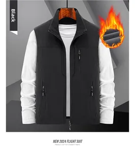 Detail of black flight vest featuring warm fleece lining and functional zipper pockets
