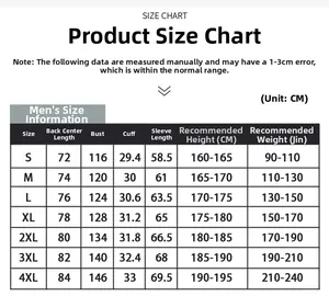 Tableau des tailles détaillé pour veste chauffante, mesures du S au 4XL en CM et en KG