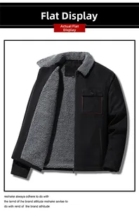 Close-up of men's winter jacket featuring thick grey sherpa fleece lining and warm stand collar