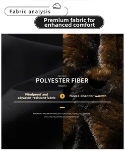 Detail of windproof polyester fabric and thick brown faux fur lining for men's winter coat