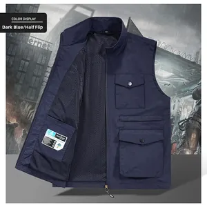 Detail of multi-pocket dark blue utility vest with breathable black mesh lining