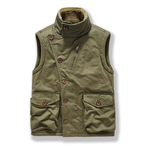 Gilet da lavoro vintage verde militare foderato in pile con multitasche e collo alto
