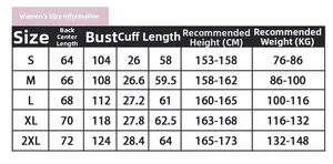 Tableau des tailles détaillé pour veste chauffante femme avec mesures du S au 2XL