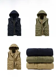 Vista dettagliata di gilet con cappuccio e multitasche nei colori blu navy, verde e kaki