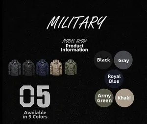 Detail view of military style jackets showing five colors and utility chest pockets