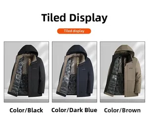 Detailed flat lay showing men's winter hooded jackets in black, navy blue, and coffee colors