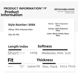 Detailed chart showing thickness and material specs for men's winter padded jacket