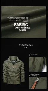 Detail showing the military green outdoor jacket's technical fabric and zipper pocket