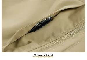 Detail of the tactical khaki fishing vest featuring a secure velcro pocket closure