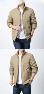 Men's khaki stand collar jacket paired with white T-shirt and denim jeans for casual look