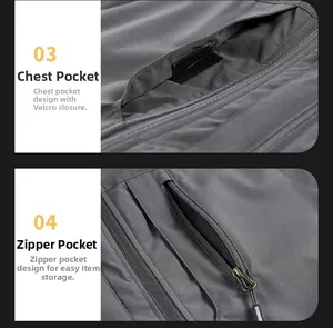 Detail view of functional cargo vest with velcro flap chest pocket and metal zipper closure