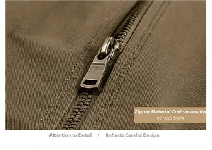 Close-up of vintage bronze metal zipper on thick cotton canvas bomber jacket