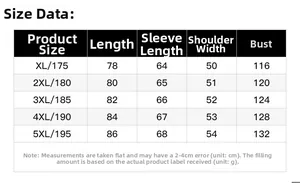 Size chart for winter insulated jacket from XL to 5XL with specific measurements in cm