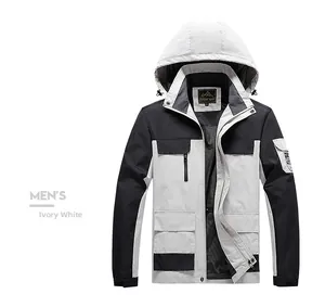 Detail of Ivory and Black Men's hooded outdoor jacket with mesh lining and adjustable cuffs