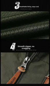Close-up of military green outdoor jacket with breathable mesh lining and metal zipper