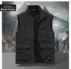 Detailed front view of black tactical vest featuring multi-pockets and soft fleece lining