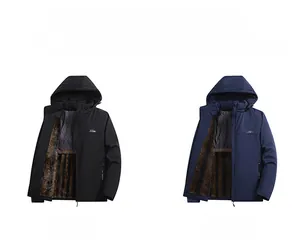 Men's thermal hooded jacket with windproof outer fabric and thick warm fleece lining detail