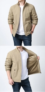 Detail of khaki outdoor jacket featuring warm fleece lining and windproof stand-up collar