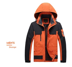 Detail of orange-red men's hooded outdoor jacket with contrast black multi-pocket design
