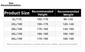 Size chart showing height and weight recommendations for winter graphene padded coats