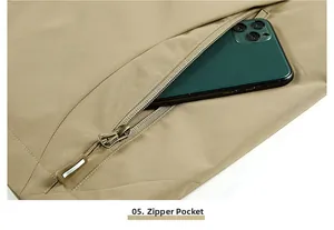 Close-up of a durable multi-pocket fishing vest showing the large zipper pocket detail