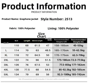 Detailed size chart for men's graphene jacket including M to 5XL measurement data