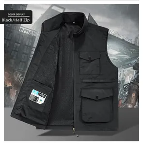 Detail view of black multi-pocket cargo vest with breathable mesh lining and utility design