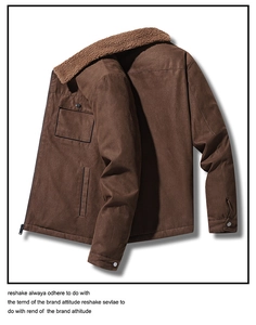 Detail of men's brown work jacket showing sherpa fleece collar and durable canvas fabric
