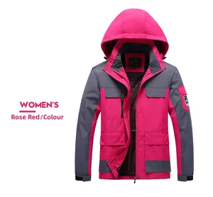 Detailed view of women's rose red and dark grey waterproof outdoor jacket with mesh lining