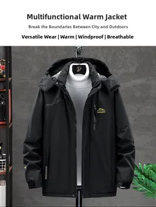 Detail of hooded black outdoor jacket with yellow icon and windproof thermal lining