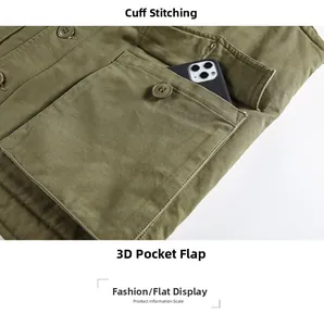 Dettaglio del gilet da lavoro verde militare con tasca capiente per contenere uno smartphone